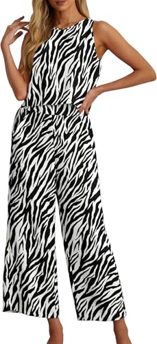 IWOLLENCE Women's Summer 2 Piece Outfits Set Round neck Sleeveless Tank Crop Top Wide Leg pants Set Pockets Jumpsuits Black Tree Grain L