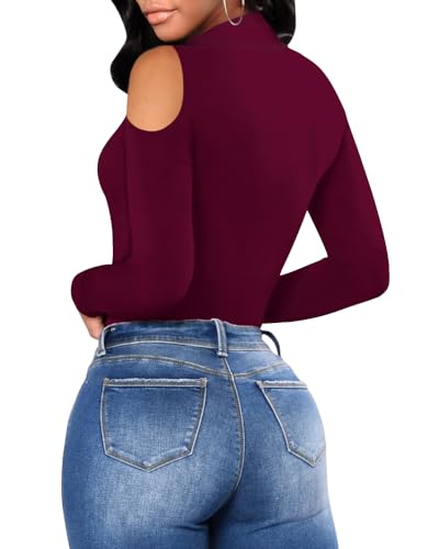 Image of MANGOPOP Long Sleeve Body Suits Mock Turtleneck Sexy Cold Shoulder Cutout Going Out Tops, Burgundy, X-Large