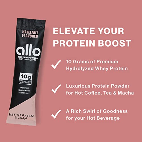 Allo Hazelnut Protein Powder For Hot Coffee | Gluten-Free, Clump-Free, Sugar-Free | 10 Grams Of Hydrolyzed Whey Protein Powder | Dissolves In Hot Lattes, Matcha, Tea, Hot Chocolate | 10 Per Box #TOP1