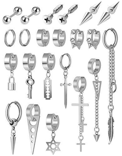 22 Pcs Stainless Steel Dangle Earrings Punk Classic Hoop Huggie Drop Earrings Spike Screw Long Chain Hexagram Stud Earrings Piercing Jewelry Set for Men Silver Black Tone
