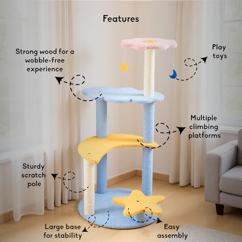 Image of Luna Cat Tree Star and Moon and Cloud with 4 Perches - Cute Multi-Level Cat Tower with Scratching Posts, Hanging Ball Toy - Colorful Cat Furniture for Indoor Cats, Kittens & Small Pets
