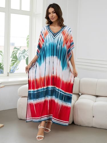 Image of IMAGEKOPE Women's Plus Size Loose Fit Moroccan Print V-Neck Batwing Kaftan Beach Dress Bathing Suit Cover Up