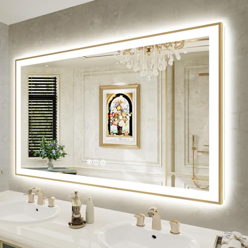 YEELAIT 60x36 Inch LED Bathroom Mirror with Lights (Front Lit and Backlit) Gold Framed Lighted...