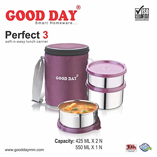Image of GOOD DAY Prefect Insulated Tiffin Box | Stainless Steel Lunchbox Container| 3Pcs Air-Tight Containers with Bag | Hot Food Kitchen, Traveling, School, College & Office Use | Pink|