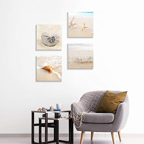 Seashell Canvas Wall Art Print: Rustic Starfish Graphic Artwork Painting on Canvas for Wall Decor for Bathroom (12''x12''x4pcs) - Image 2