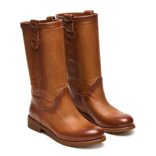 Mid Calf Boots for Women Balck Leather Round Toe Comfy Low Heel Campus Riding Fashion Comfortable Casual Pull on