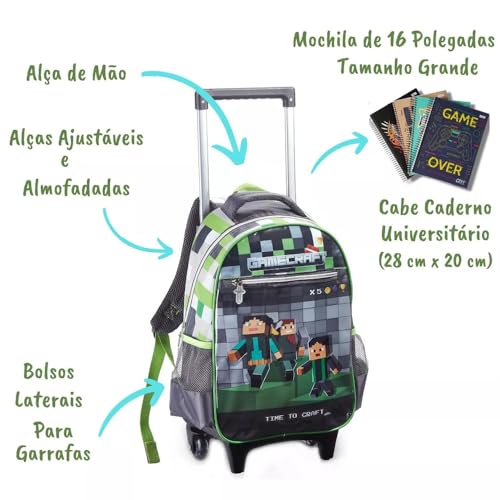 Denlex, Kit Mochila Rodinha Estojo Lancheira Infantil GameCraft
