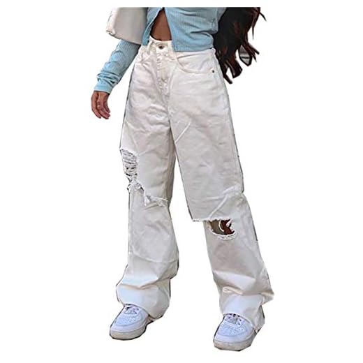 Aesthetic jeans tonåring flickor jeans hög midja pojkvän jeans med hål, vida ben, rak, denimbyxor, revor, harajuku streetwear byxor, baggy, y2k e-flicka, 90-tals jeans, Vit, XXL