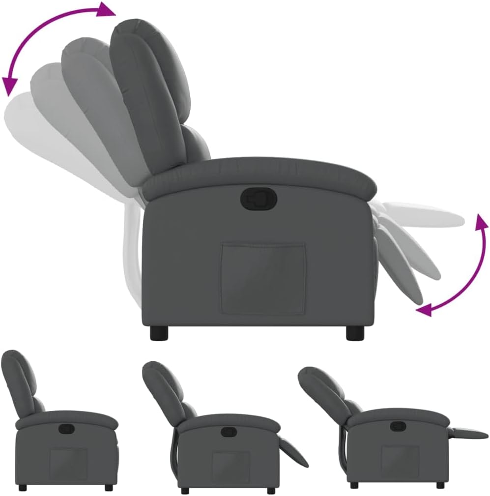 vidaXL Gray Faux Leather Manual Recliner Chair - Wingback Reclining Armchair for Elderly with Side Pocket and Padded Support