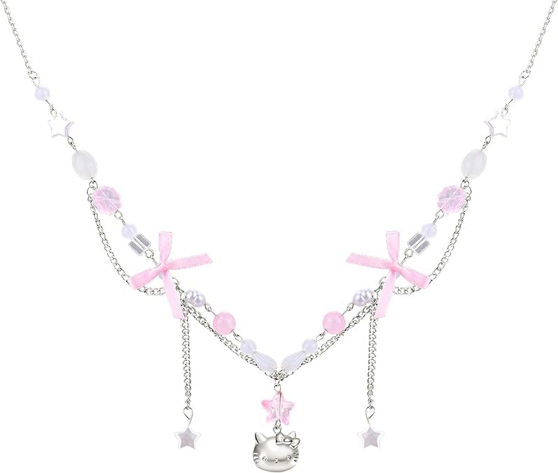 Y2k Pink Bow Necklace Coquette Aesthetic Cutecore Y2k Star Necklace Jewelry Gifts for Women Girls