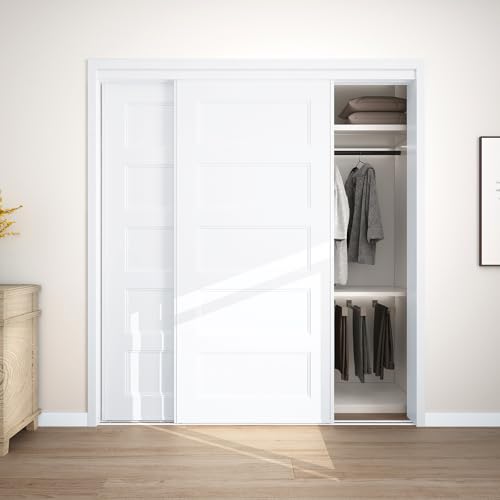 JUBEST Sliding Closet Door 72'(Double 37') x80, 5-Panel Steel Frame Bypass Primed Door with Top & Bottom Track Kits, Pre-Assembled Hardboard Panels with Paintable Surface, Durable & Sturdy