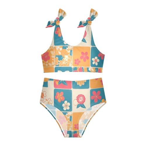 KLL Retro Checker Board Groovy Flower Girl Two Piece Bikini Sets Quick-Dry Swimsuits Swimming Suits Adjustable3