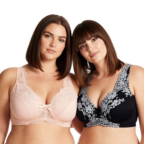 Image of Curve Muse Women's Minimizer Unlined Underwire Bra with Lace Embroidery-2 Pack