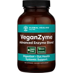 Global Healing Veganzyme – Essential Systemic & Digestive Enzymes Supplement for Pure Healthy Digestion, Immune System Booster, and Natural Gut Health – Occasional Gas & Bloating Relief – 120 Capsules