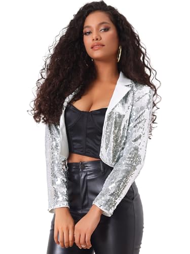 Allegra K Veste à Paillettes pour Femme Col à Revers Ouvert sur Le Devant Blazer Scintillant Cardigan à Sequin Tenu de Fête Argent M