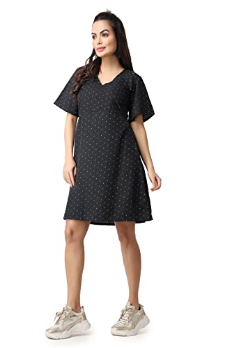 Image of POPWINGS Casual Printed V-Neck Short Sleeves Knee-Length Fit and Flare Dress for Women || Frokc-Style Summer Wear Dresses for Women || Loose-Fit Comfortable Women Dress for Regular Wear