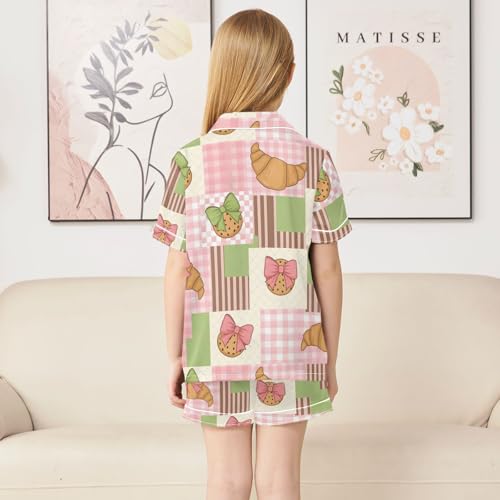 Satin Pajama Sets Short Sleeve Croissant Pattern with Bows Button Down Silky Nightwear 2 Piece PJS 5-14Y4