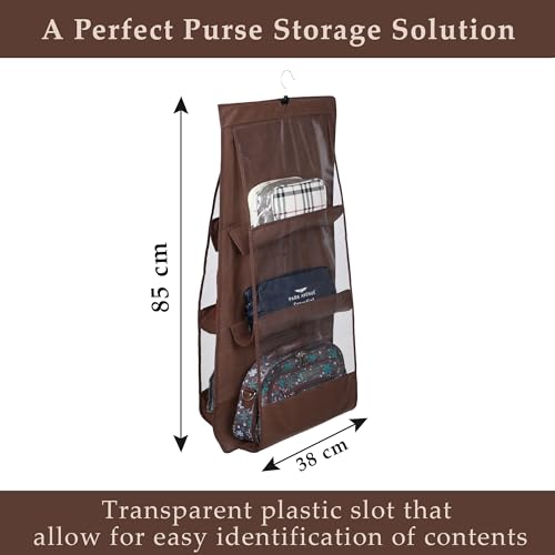 Image of Heart Home Hanging Organizer | Handbag Organizer | Hanging Purse for Wardrobe | Transparent Clutch Organizer | Handbag Storage For Closet | 6 Pocket Storage Hanger | Brown
