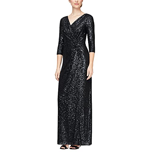Image of Alex Evenings Womens Long 3 /4 Sleeve Formal Event Dress with Cinched Tie Waist (Petite and Regular Sizes)