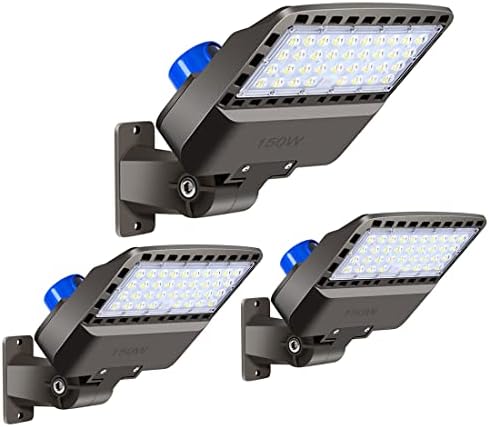 Juyace 150W led Parking lot Light Outdoor Street Area Commercial Lighting with Dusk to Dawn Photocell Arm/Wall Mount Adjustable Angle IP65 5000K 100-277V Shoebox Light for Barn/Yard/Security(3 Pack)