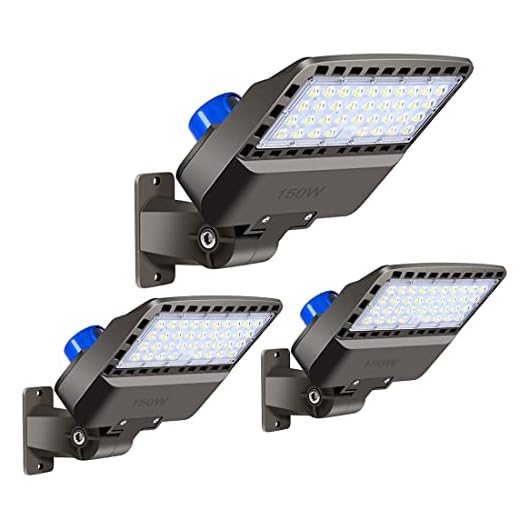 Juyace 150W led Parking lot Light Outdoor Street Area Commercial Flood Lighting with Dusk to Dawn Photocell Wall Mount IP65 5000K 100-277V Shoebox Light for Barn Yard Security(3 Pack)