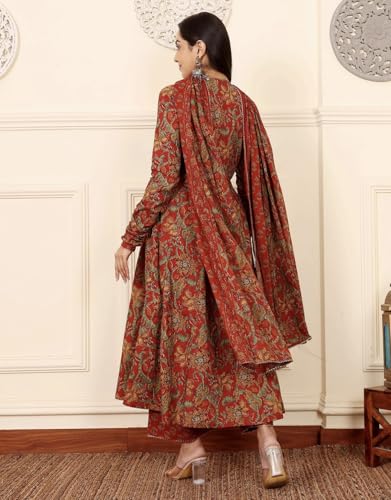 Image of Womens Kurta Anarkali Suit with Dupatta Ethinic Traditional Floral Long Sleeve Dress Set, Printed Kurta Palazzo With Dupatta