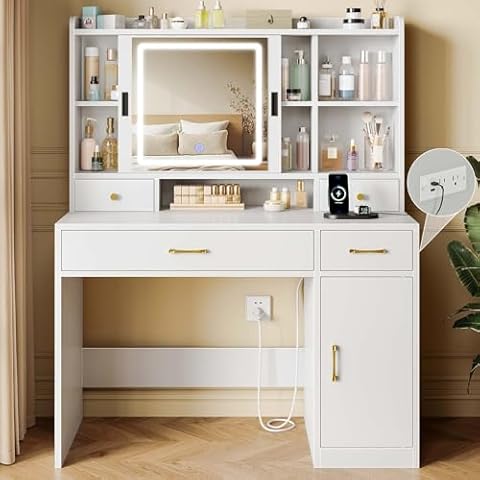 Seventable Vanity Desk with Sliding Mirror & Power Outlet, Makeup Vanity Desk with LED Lights, Adjustable 3 Color Modes, Drawers & Top Storage Shelf, White Vanity Table for Bedroom, Studio Cover