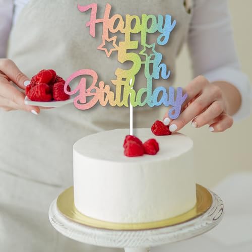 Gidobo Rainbow 5th Birthday Cake Toppers, Pastel Cake Decorations with Star Pick, 1pcs Rainbow Glittery Cake Topper & 6pcs Star Cupcake Toppers, 5th Birthday Party Celebrations - Image 6