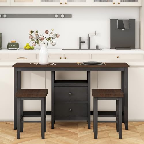 Bar Table and 2 Stools Set Farmhouse Counter Height Dining Table Set with 2 Storage Drawers and 2 Stools Small Kitchen Table Set for Kitchen Dining Room Small Space BlackCherry