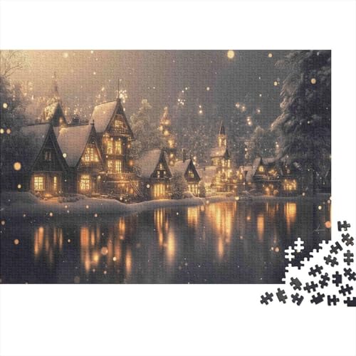Escena del Pueblo de Invierno Rompecabezas 1000 Piezas Arte de luz Nocturna Cartón Premium para Parejas Reunión Amigos para Decorar Oferta Mejor Regalo 38x26cm/1000pcs