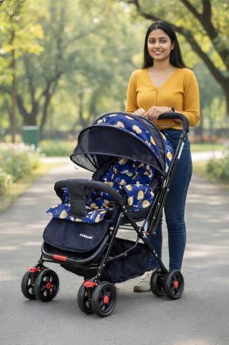Image of Ezy Go+ Baby Stroller Pram with Mosquito Net | Reversible Handle, Full Recline & Foldable | All-Terrain 360Swivel Wheels, Safety Harness, Large Storage Basket | Thick Cushion Seats for Newborns to Toddlers 0-3 years (N. Blue -Teddy)