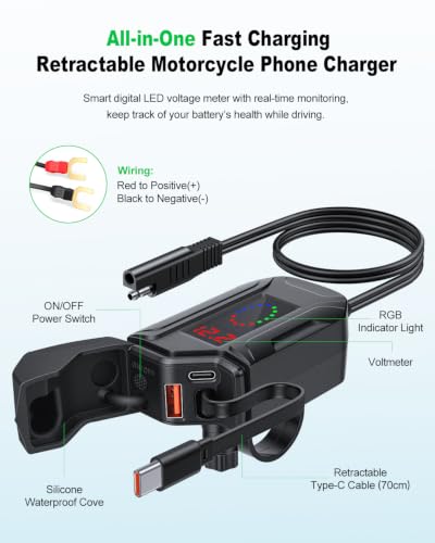 Image of EXTRACTME 3-in-1 Motorcycle USB Charger, Waterproof IP65 Motorcycle Phone Charger with LED Voltmeter, USB A & USB C, Retractable Type-C Cable, Handlebar & Mirror Mount for 12-24V Motorbike ATV