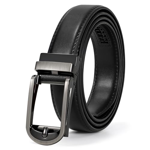 Mens Ratchet Genuine Leather Belt, Casual Dress Belt, Automatic Adjustable Click Belts, Slide Buckle