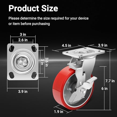 Image of Nefish 6 Inch Heavy Duty Industrial Grade Casters Wheels, Aluminum Core PU Castor Set of 4, Durable Plate Swivel Casters with Brake 5000 LBS, Anti-Corrosion Wheels for Industrial, Equipment