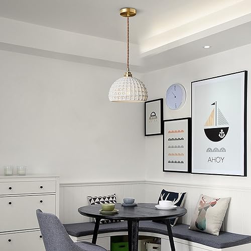 Image of White Ceramic Pendant Light Elegance Nordic Hanging Lamp Brass Finish Modern Ceiling Light Minimalist Style Ceiling Hanging Lamp for Kitchen Island Bedroom Bedside