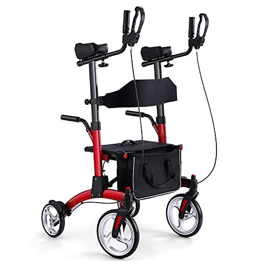 Healconnex Upright Rollator Walkers for Seniors- Stand up Rolling Walker with Seats and 10" Wheels, Padded Armrest and Backrest,Tall Rolling Mobility Aid with Basket, Foam Handle to Stand up