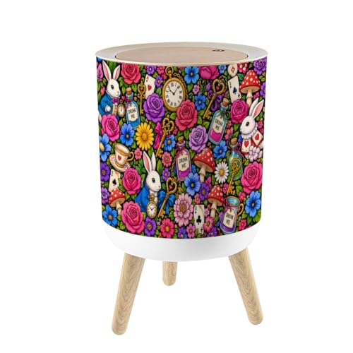 Small Trash Can with Lid Wonderland seamless Bright colored cartoon doodles hand drawn detailed 1.8 Gallon/7L Garbage Can Waste Bin with Press Top Lid Legs Waste Basket for Bathroom Kitchen Bedroom
