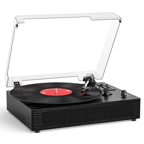 Image of Vinyl Record Player with Bluetooth, 3-Speed Belt-Drive Turntable with Built-in Speakers, Easy Setup for Beginners, USB Recording, RCA /AUX /Headphone Jack, Classic Black Wood Design