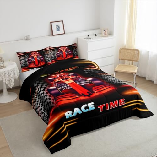 Image of Feelyou Kids Race Car Comforter Set Toddler Size, Racing Sports Duvet Insert Boys Girls Black Red Ombre Bedding Set Teens Bedroom Decor with 1 Pillow Case