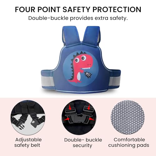 Image of POLKA TOTS Premium Safety Belt for Kids for Bike & Scooty | Kids Safety Belt for Two wheeler with Reflective Strips for Night Riding | 3-Point Baby safe Buckle | Adjustable and Cushioned Shoulder & Waist Straps | 0 to 10 Year