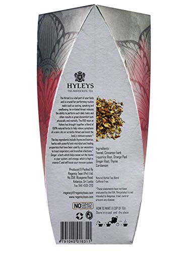 Hyleys Tea Hyleys Aristocratic Tea INFUSIONS THROAT Comfort - 20 Pyramid Tea Bags (Gmo Free, Gluten Free, Dairy Free, Sugar Free & 100% Natural), 1.41 Ounce