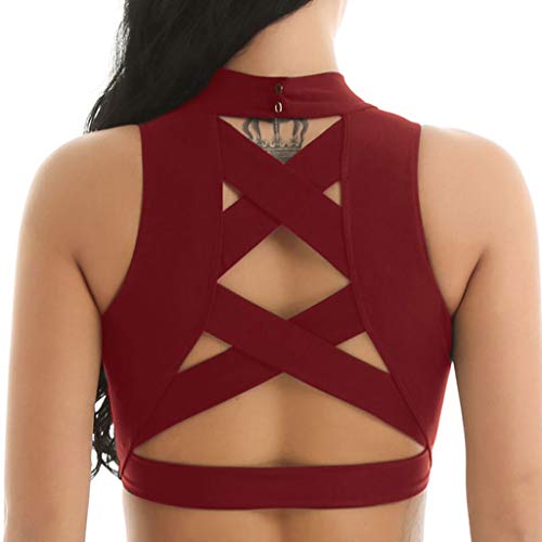 YiZYiF Women Girls Sleeveless Mock Neck Criss Cross Back Sports Bra Crop Tank