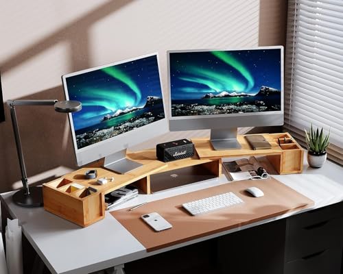 Image of VBM Monitor Riser Stand Bamboo Computer Laptop, Printer, PC with Storage Slot Adjustable Desktop Stand For Home , Office (wooden monitor stand with drawer)