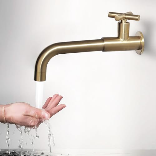 Recopilación de Lavabos de montaje en pared los 10 mejores. 43 AZOS Grifo de Agua Fría para Baño Montaje en Pared, Acero Inoxidable con Pico Giratorio 360°, Llave Individual Diseño Moderno Acabado Dorado Cepillado para Lavabo o Fregadero