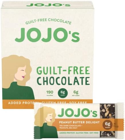 JOJO's Dark Chocolate Bars Made with Hemp, Plant Based Protein, Low Sugar, Low Carb, Vegan, Paleo & Keto Friendly, Healthy Snack, Peanut Butter Delight, 1.2oz Bar (12 Count Box)