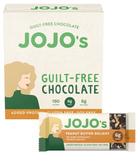 Jojo's Dark Chocolate Bars Made With Hemp, Plant Based Protein, Low Sugar, Low Carb, Vegan, Paleo & Keto Friendly, Healthy Snack, Peanut Butter Delight, 1.2Oz Bar (12 Count Box) #TOP3