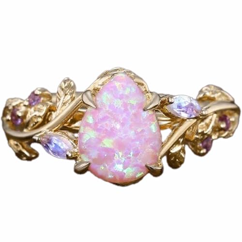 10k 14k 18k Gold Opal Diamond Engagement Rings for Women Pink Opal Ring Vintage ring Unique Nature Inspired Leaf Ring Pink stone Gifts