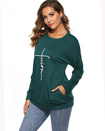 ZILIN Women's Casual Letter Print Crewneck T-Shirt Long Sleeve Tunic Tops Sweatshirt With Pockets (Green, Large)