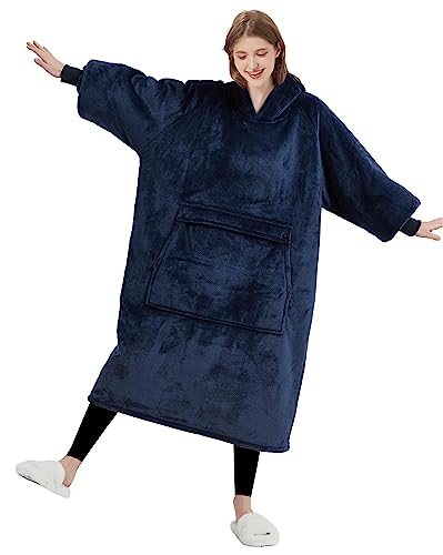 Image of KFUBUO Wearable Blanket Hoodie for Adults With Pocket Navy Extra Long | Sherpa, Fuzzy Blanket Hoodie, Oversized Sweatshirt Blanket, Kangaroo Pouch, Cute Birthday Gifts for Women, Cute Stuff
