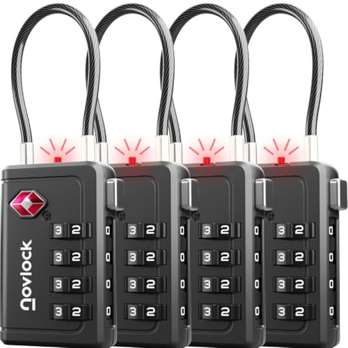 TSA Luggage Locks with Alert Indicator – 4-Digit Travel Padlocks with Flexible Cables for Suitcases, Backpacks & More – Suitcase Locks, 4-Pack, Black TSA Luggage Locks with Alert Indicator – 4-Digit Travel Padlocks with Flexible Cables for Suitcases, Backpacks & More – Suitcase Locks, 4-Pack, Black